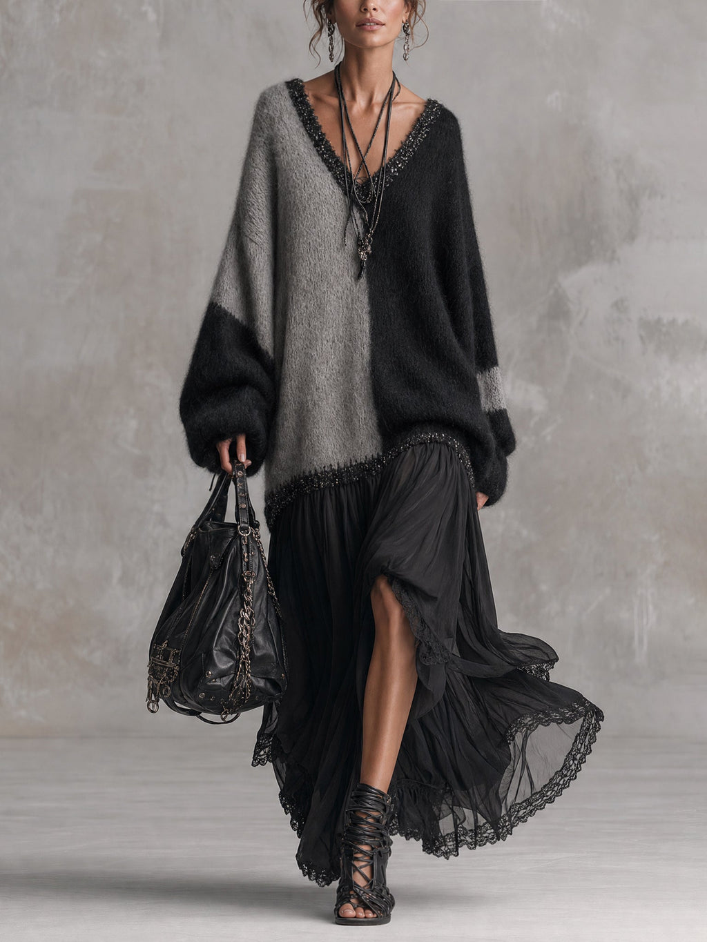Celia | Oversized Knit & Chiffon Patchwork Maxi Dress