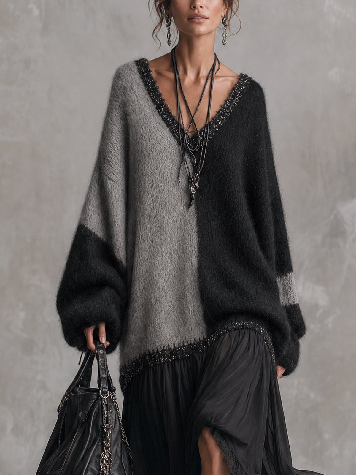Celia | Oversized Knit & Chiffon Patchwork Maxi Dress