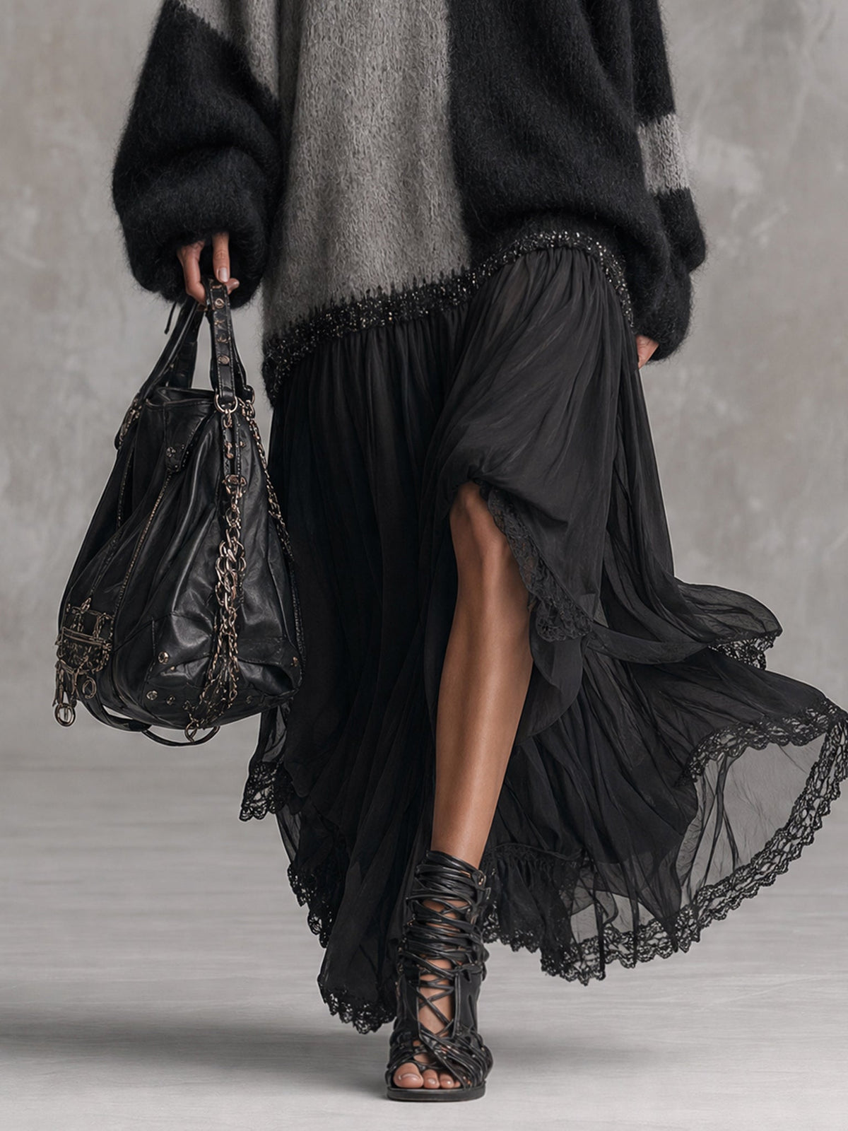 Celia | Oversized Knit & Chiffon Patchwork Maxi Dress