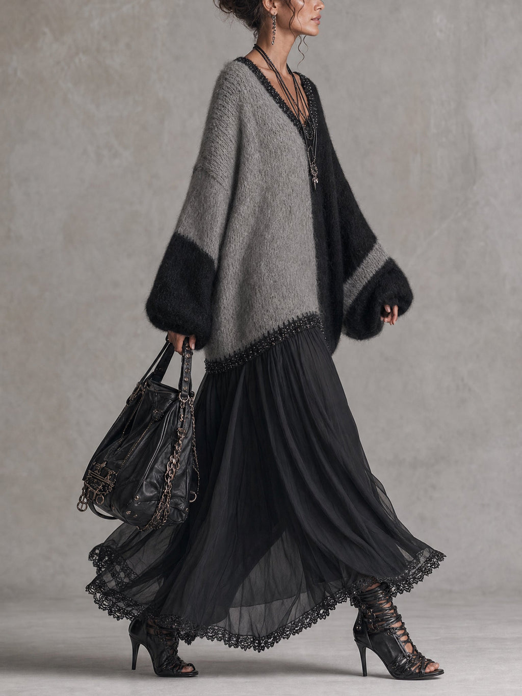 Celia | Oversized Knit & Chiffon Patchwork Maxi Dress