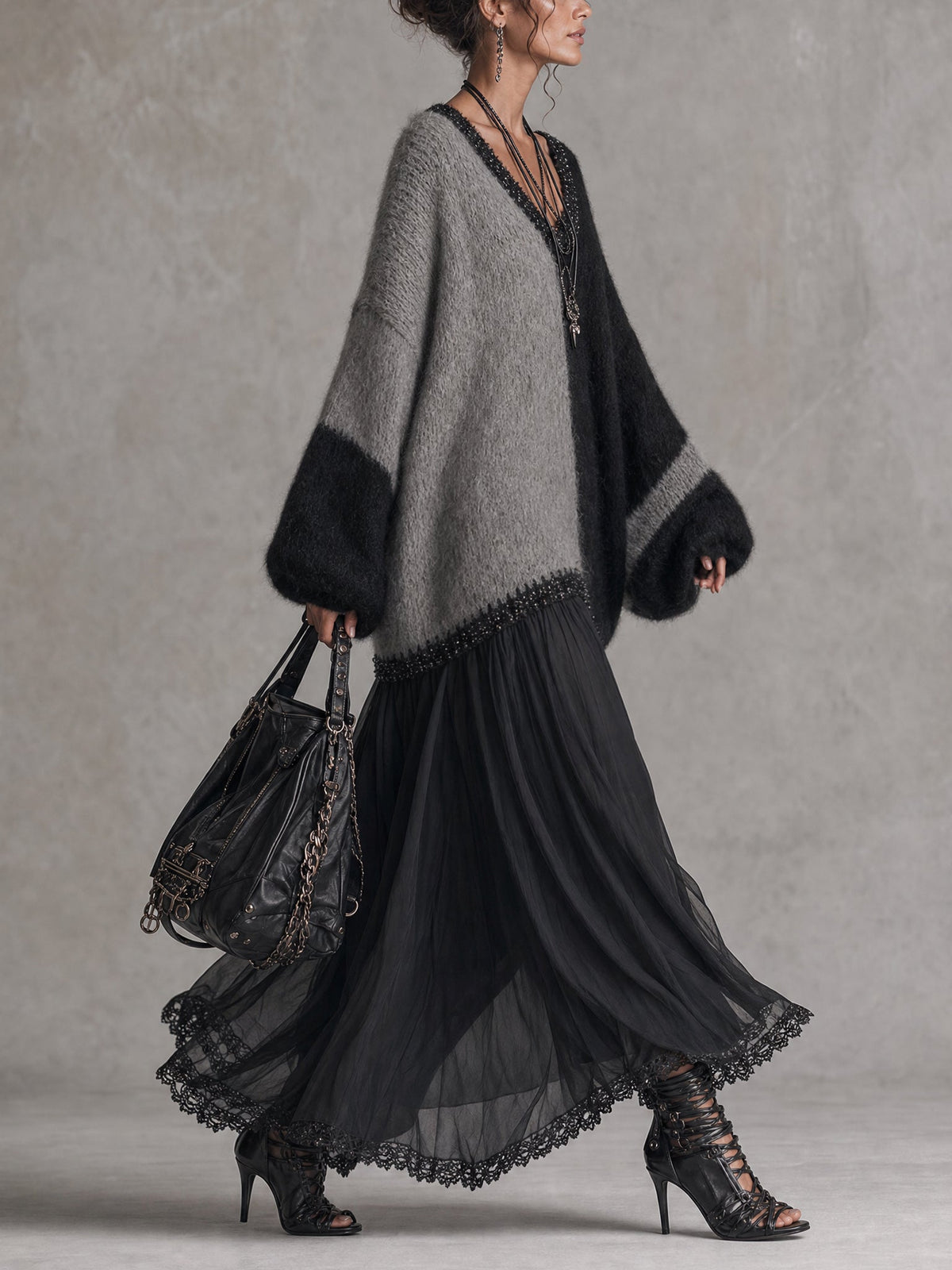 Celia | Oversized Knit & Chiffon Patchwork Maxi Dress