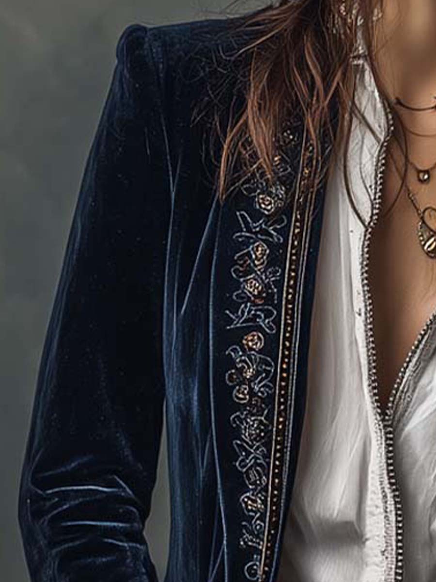 Emalie | Vintage Navy Embroidered Longline Jacket