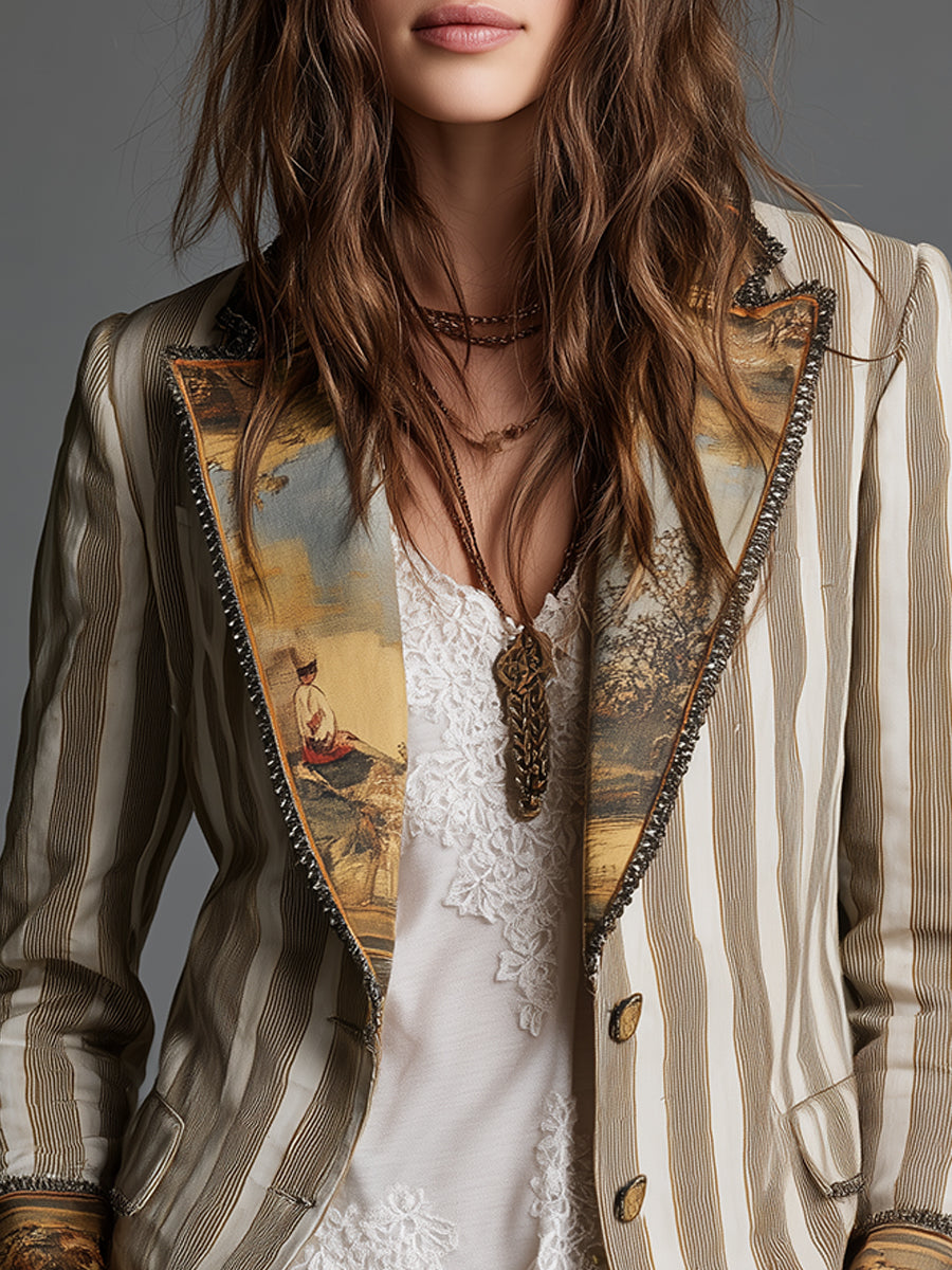 Malia | Boho Striped Printed Lapel Blazer