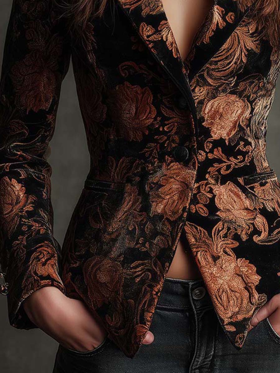 Janine | Black And Bronze Floral Print Tailored Blazer