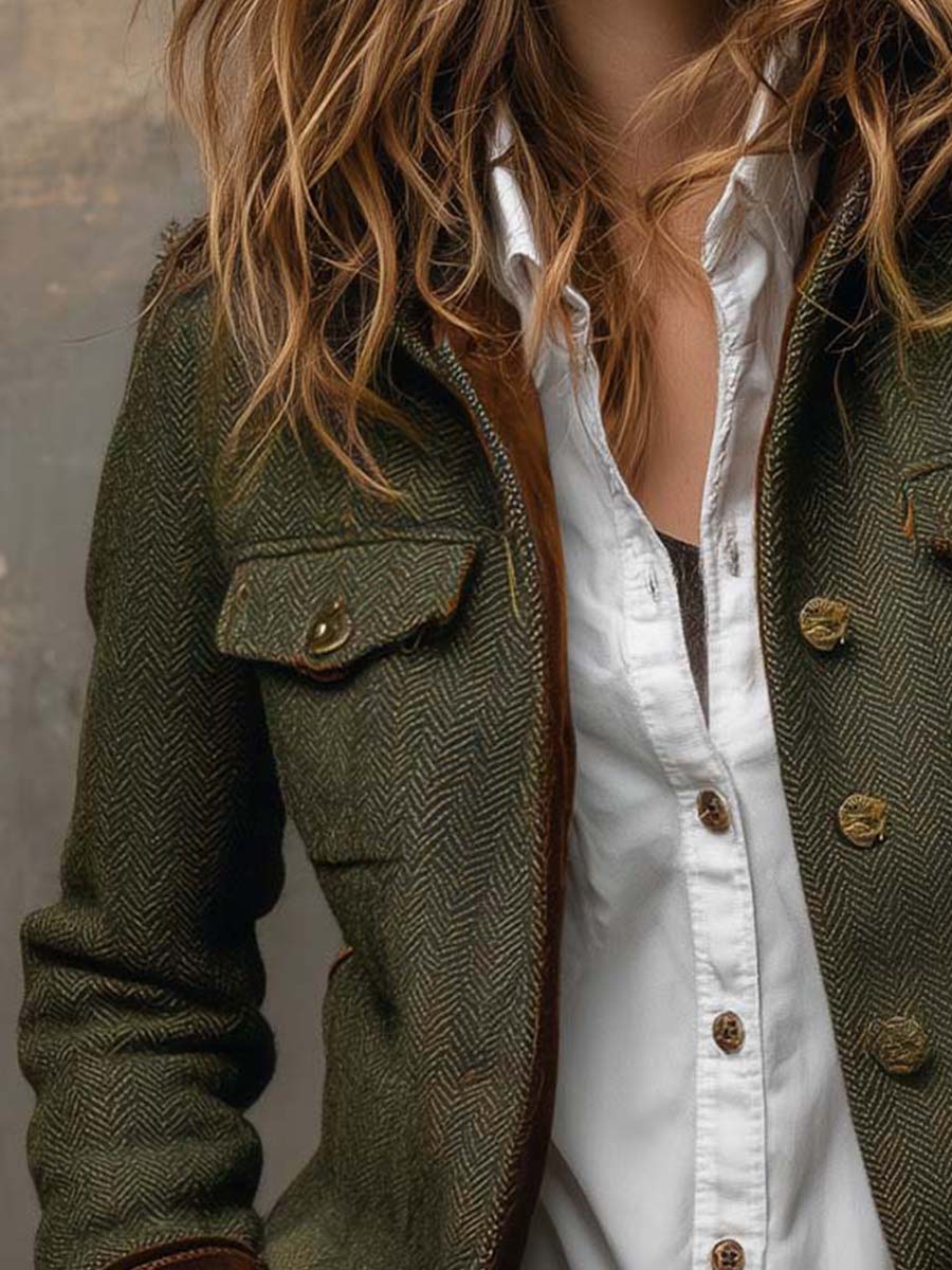 Jemma | Vintage Herringbone Contrast Trim Blazer