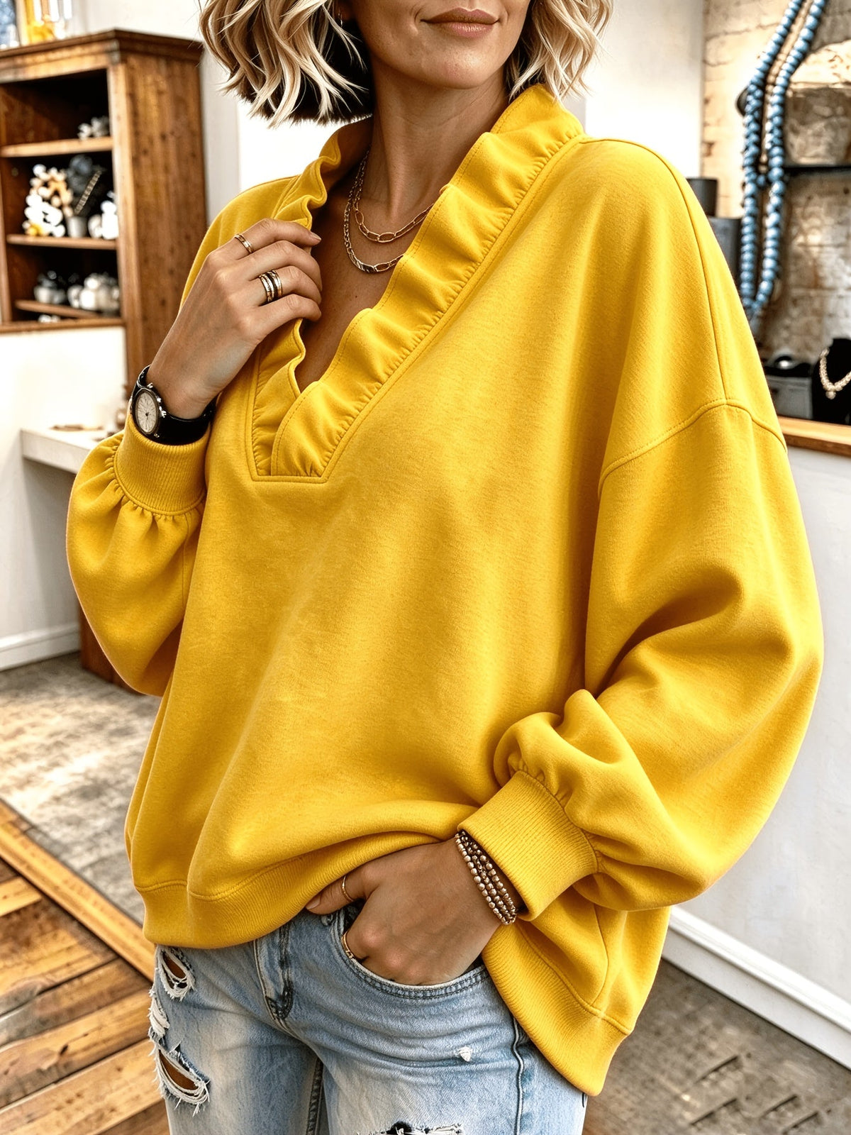 Roselyn | Ruffle V-Neck Sweatshirt