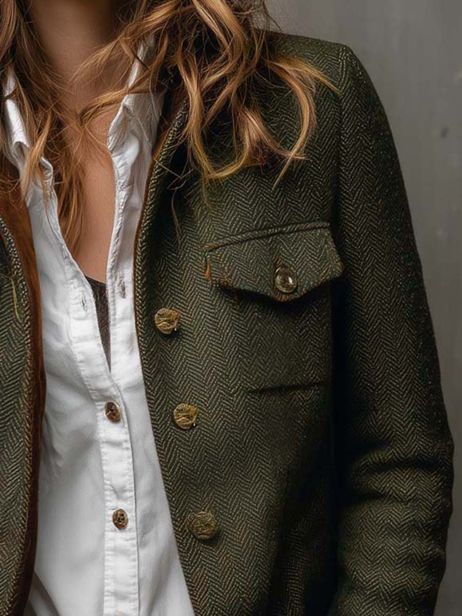 Jemma | Vintage Herringbone Contrast Trim Blazer