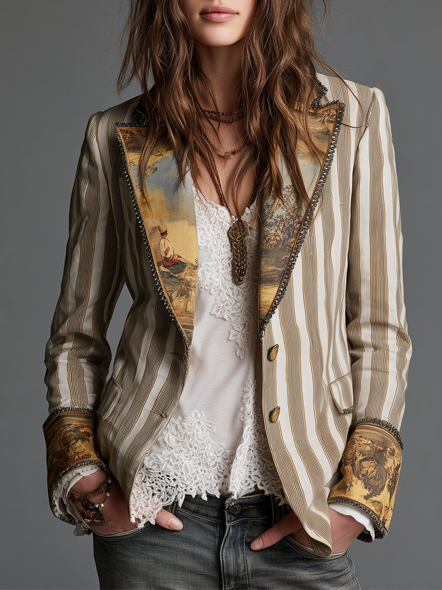 Malia | Boho Striped Printed Lapel Blazer