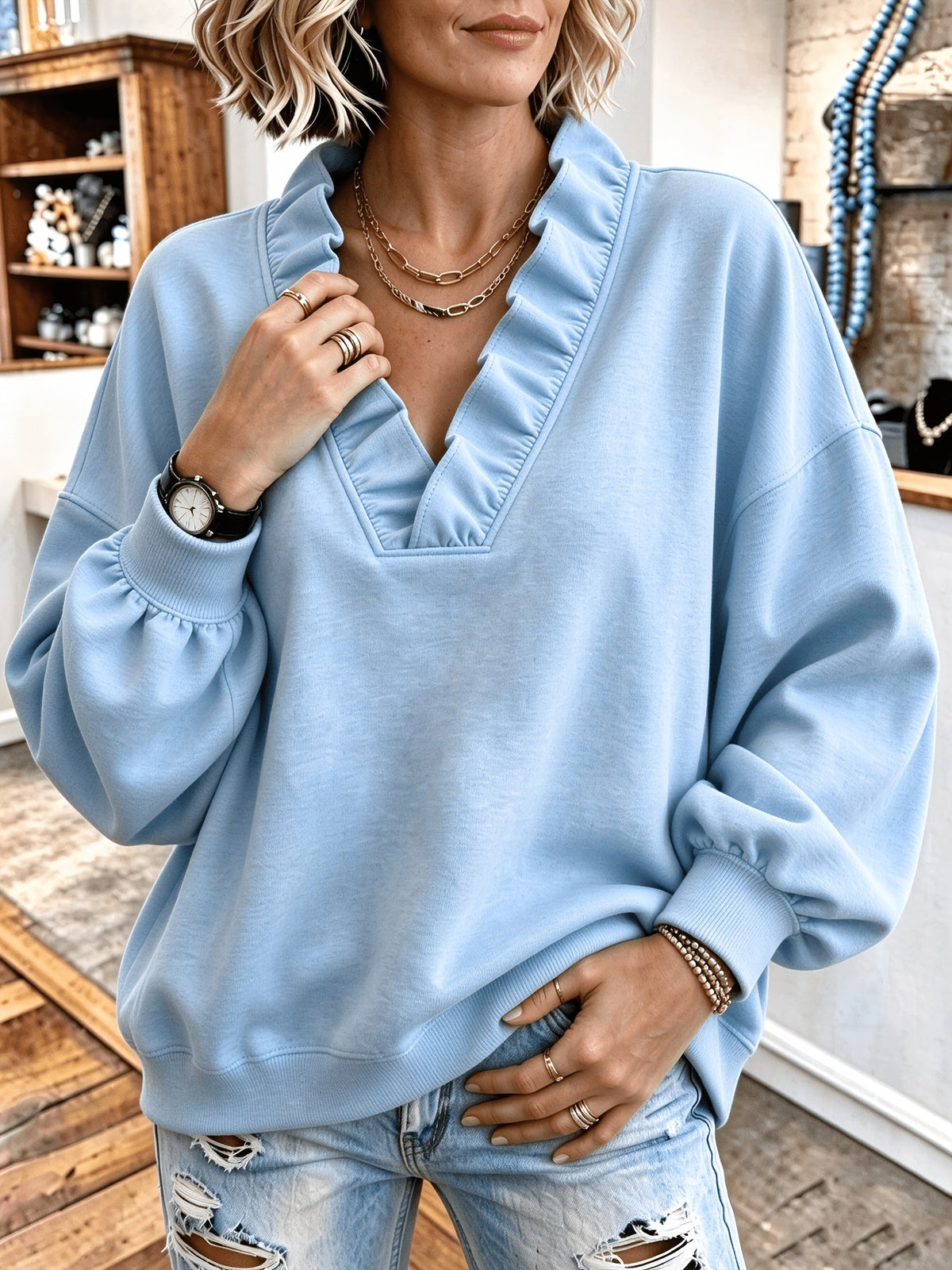 Roselyn | Ruffle V-Neck Sweatshirt
