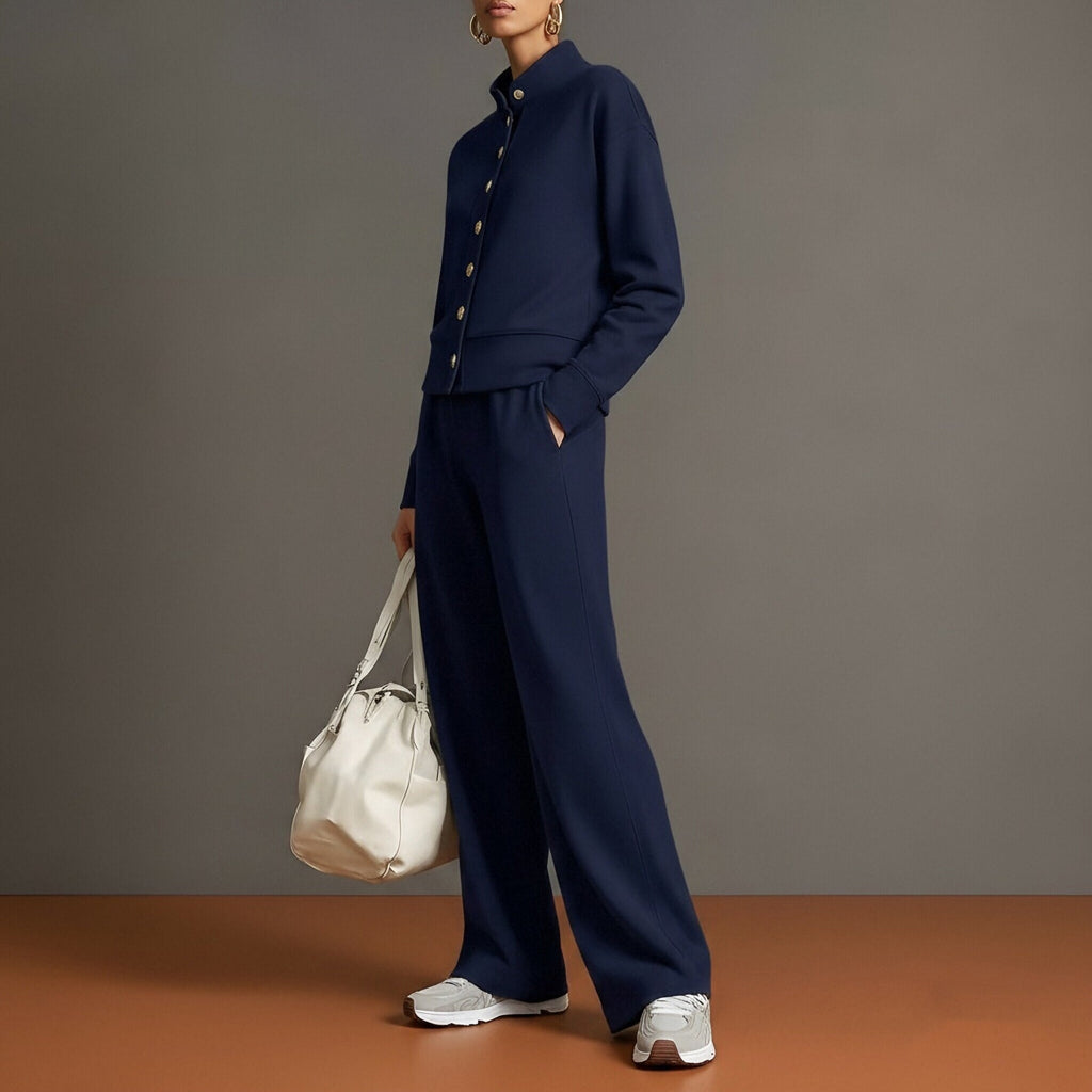 Celine | Knit High-Neck Top & Wide-Leg Pants Set With Gold Buttons