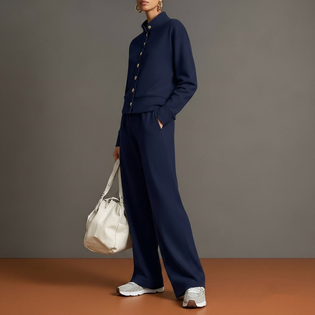 Celine | Knit High-Neck Top & Wide-Leg Pants Set With Gold Buttons