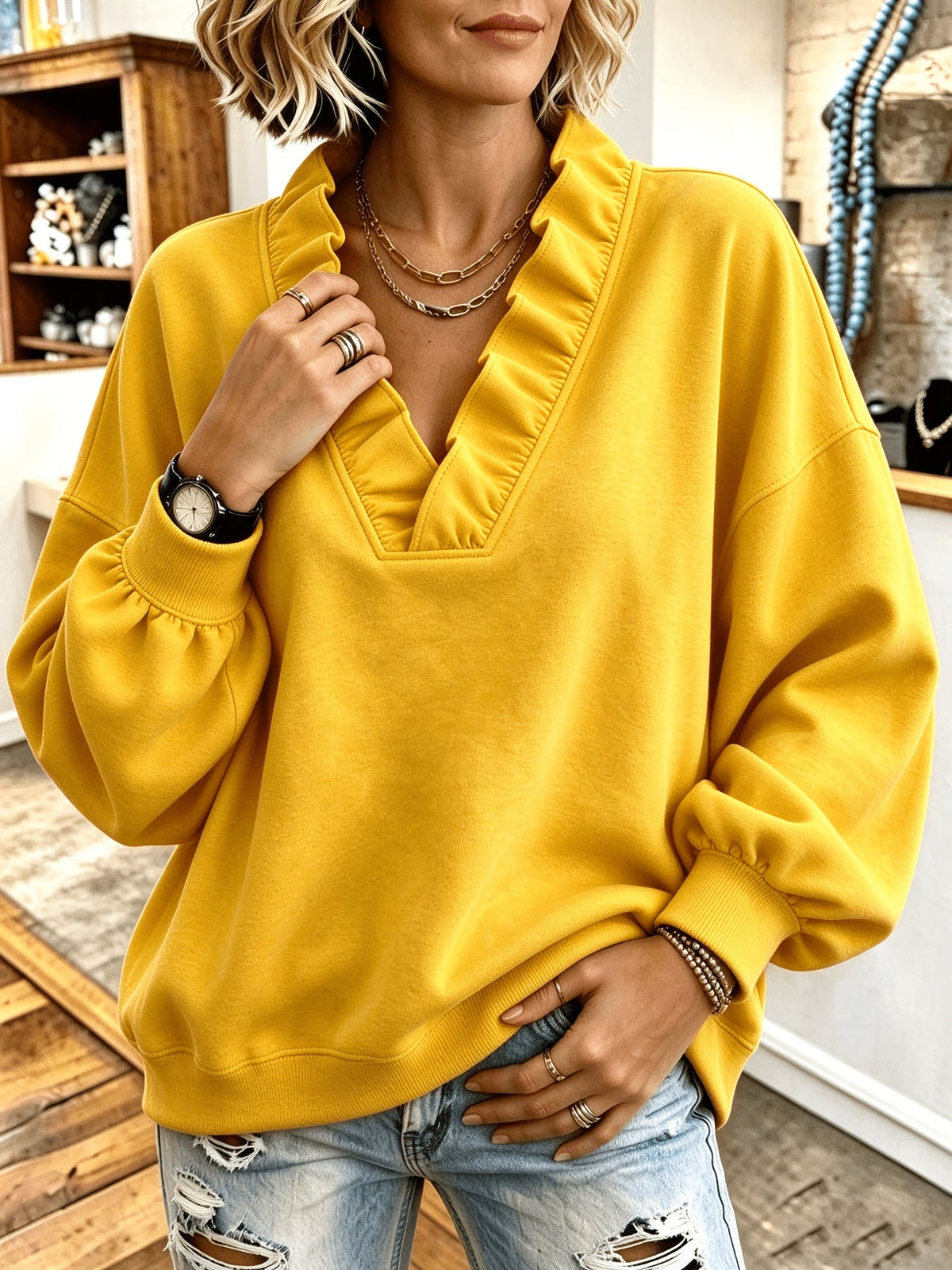 Roselyn | Ruffle V-Neck Sweatshirt