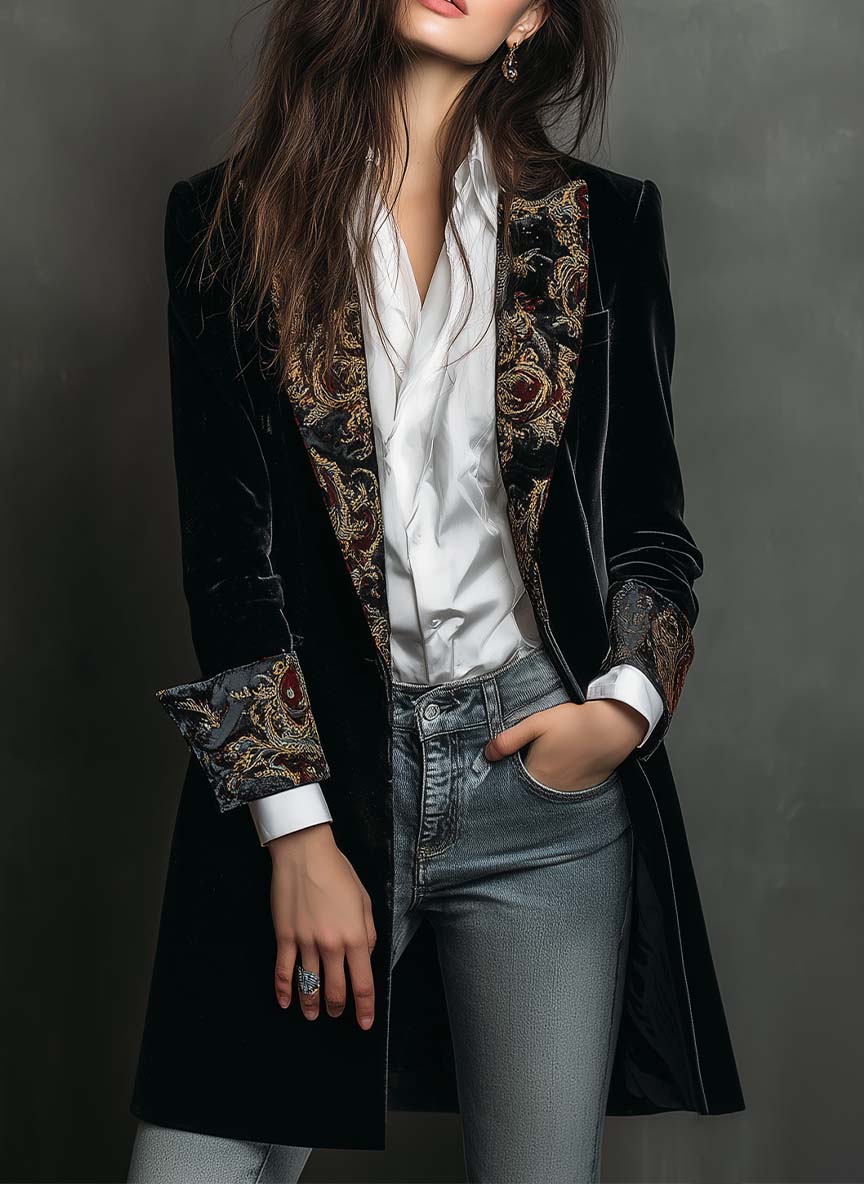 Franny | Black Baroque Print Lapel Slim Fit Blazer