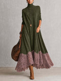 Esmeray | Forest Green Turtleneck Maxi Dress With Dusty Rose Lace Hem
