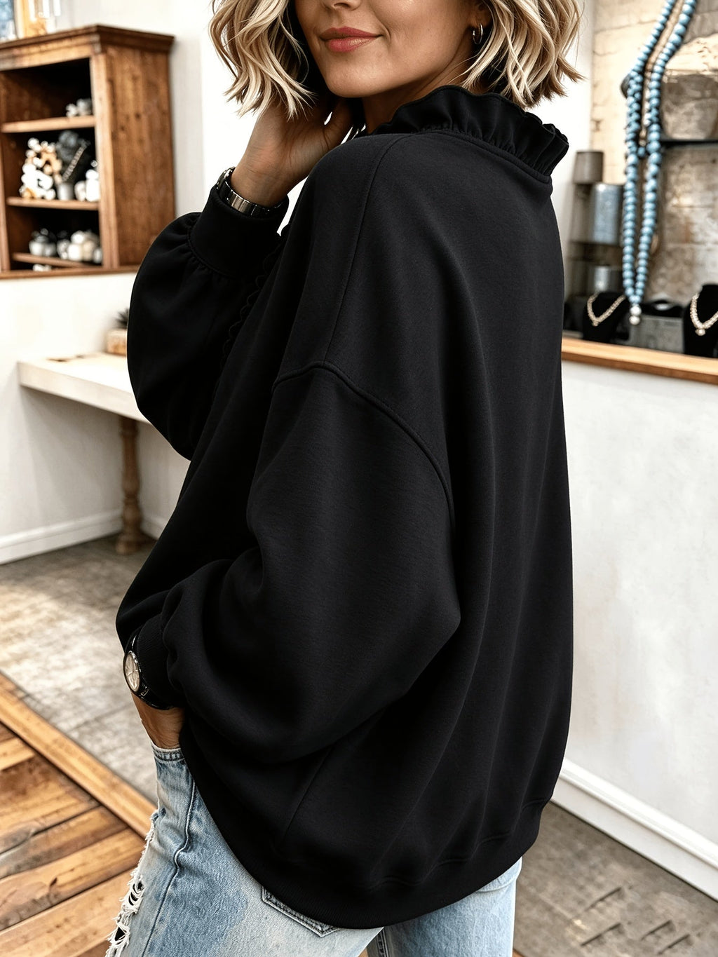 Roselyn | Ruffle V-Neck Sweatshirt