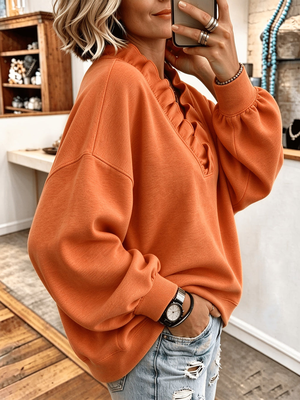 Roselyn | Ruffle V-Neck Sweatshirt