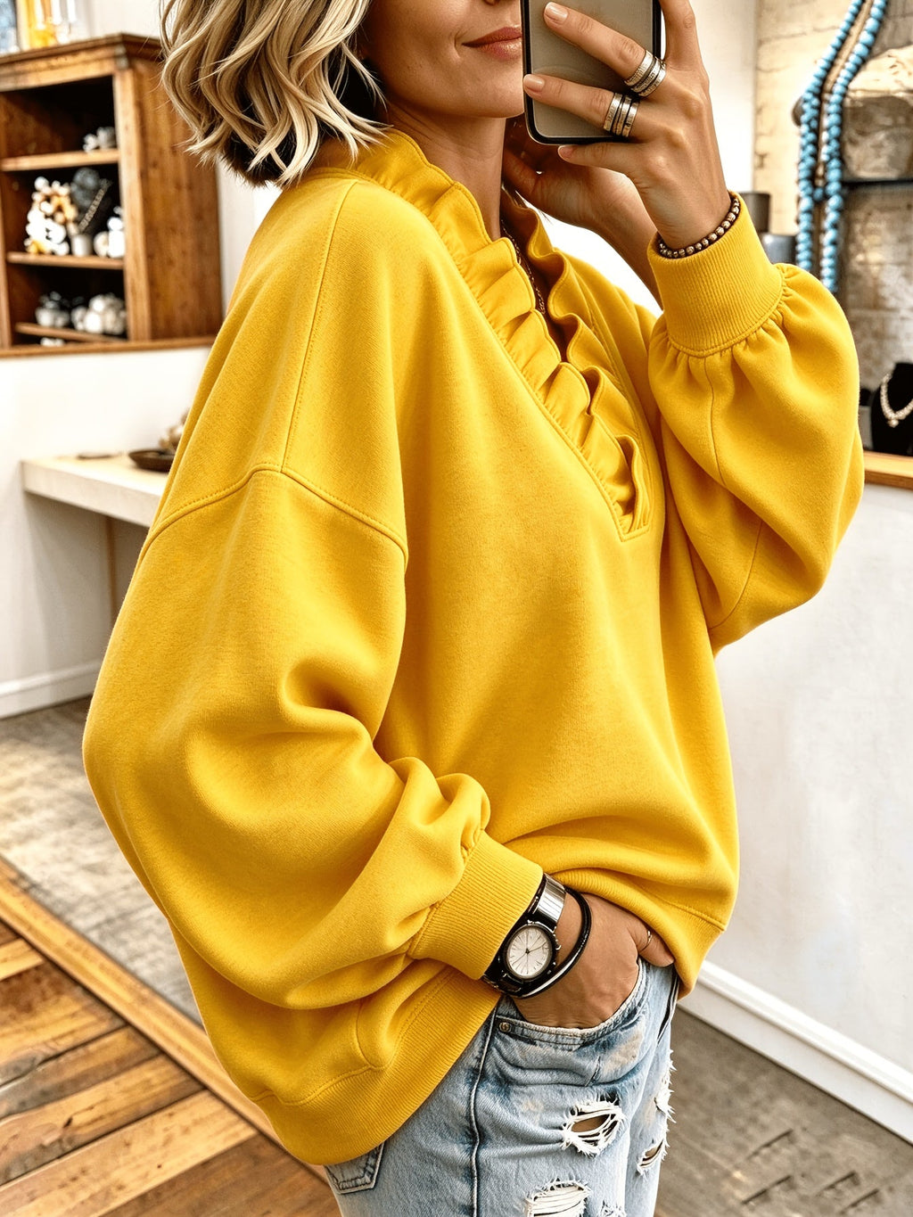 Roselyn | Ruffle V-Neck Sweatshirt