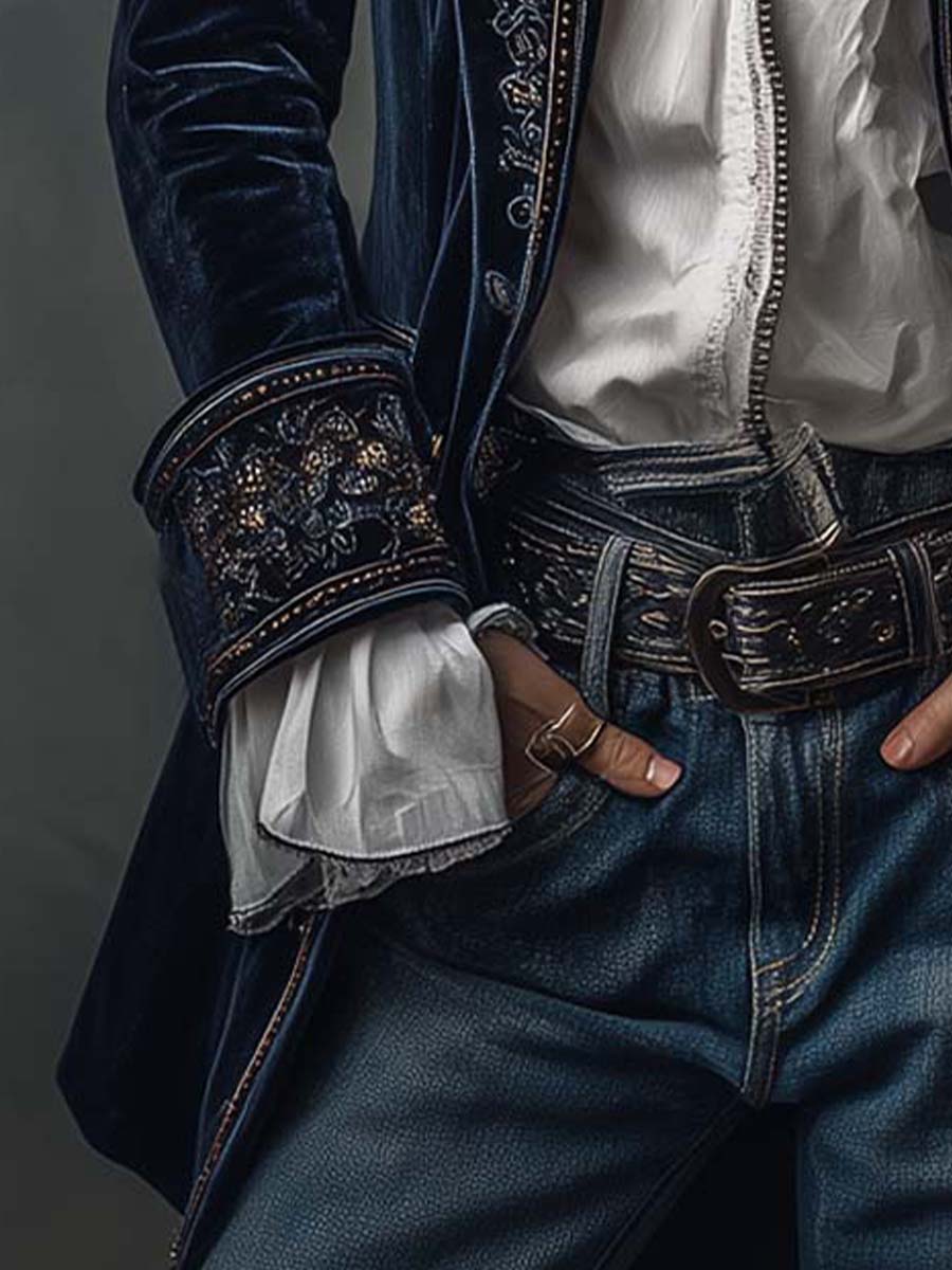 Emalie | Vintage Navy Embroidered Longline Jacket