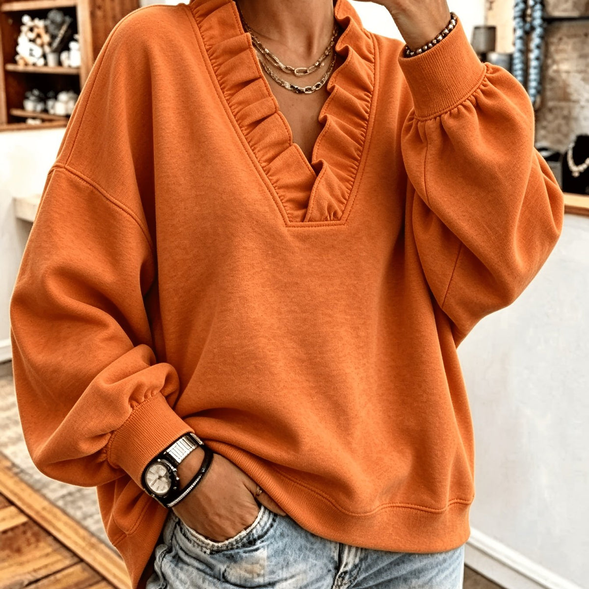 Roselyn | Ruffle V-Neck Sweatshirt