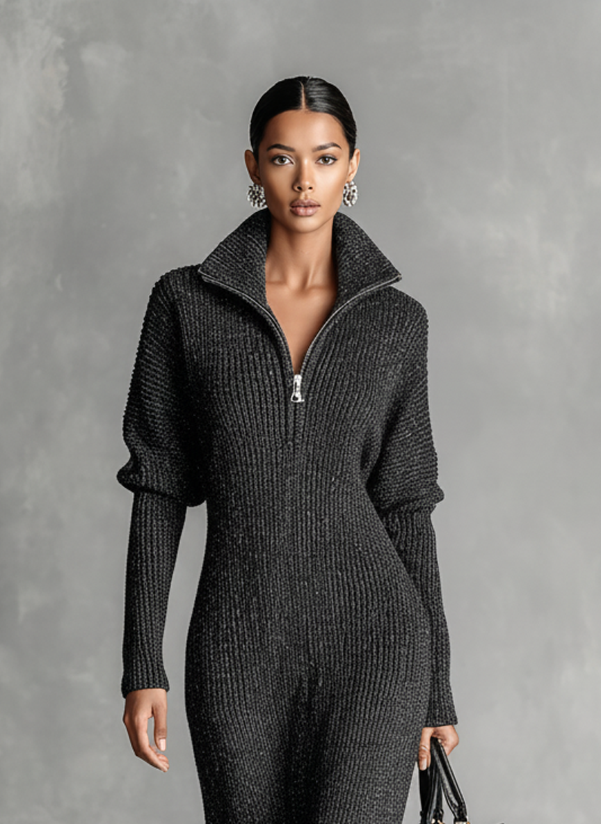 Lisa | Long Knit Dress With Zip Neckline