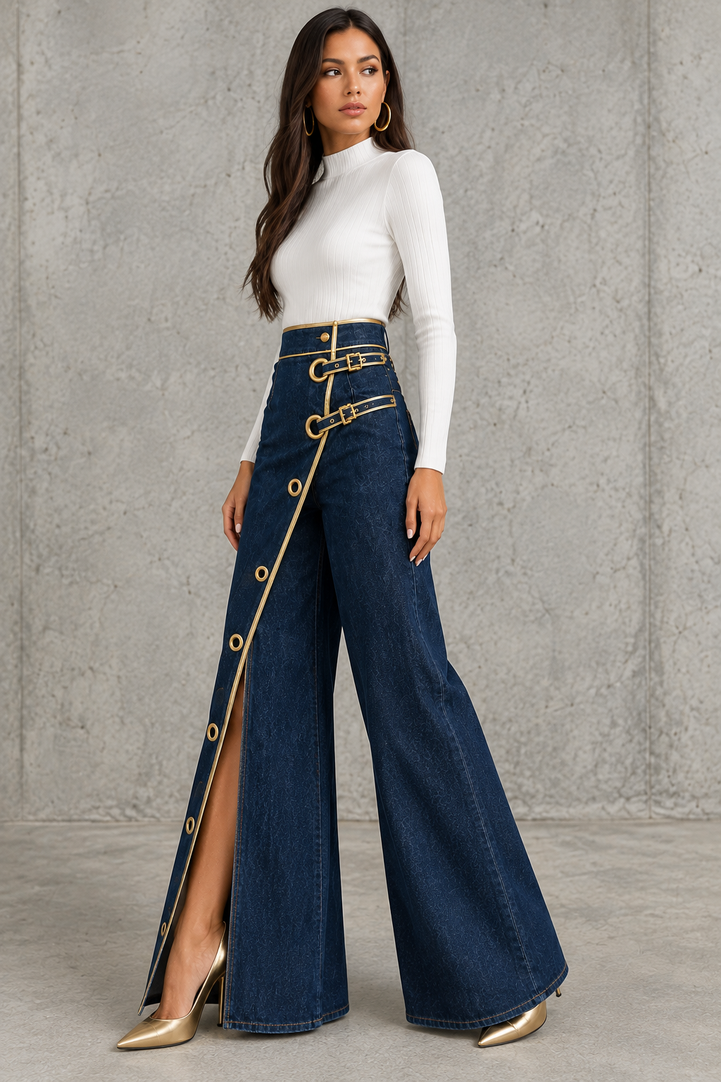 Tory | High-Waisted Wide-Leg Jeans With Gold Piping