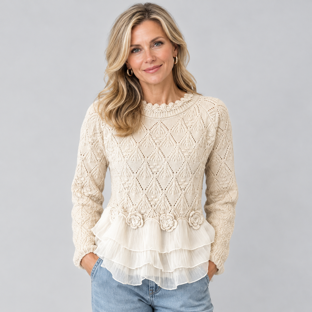 Jenna | Pointelle Knit Sweater With Layered Ruffle Hem