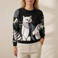 Cotton Sweater Black with Cat Design