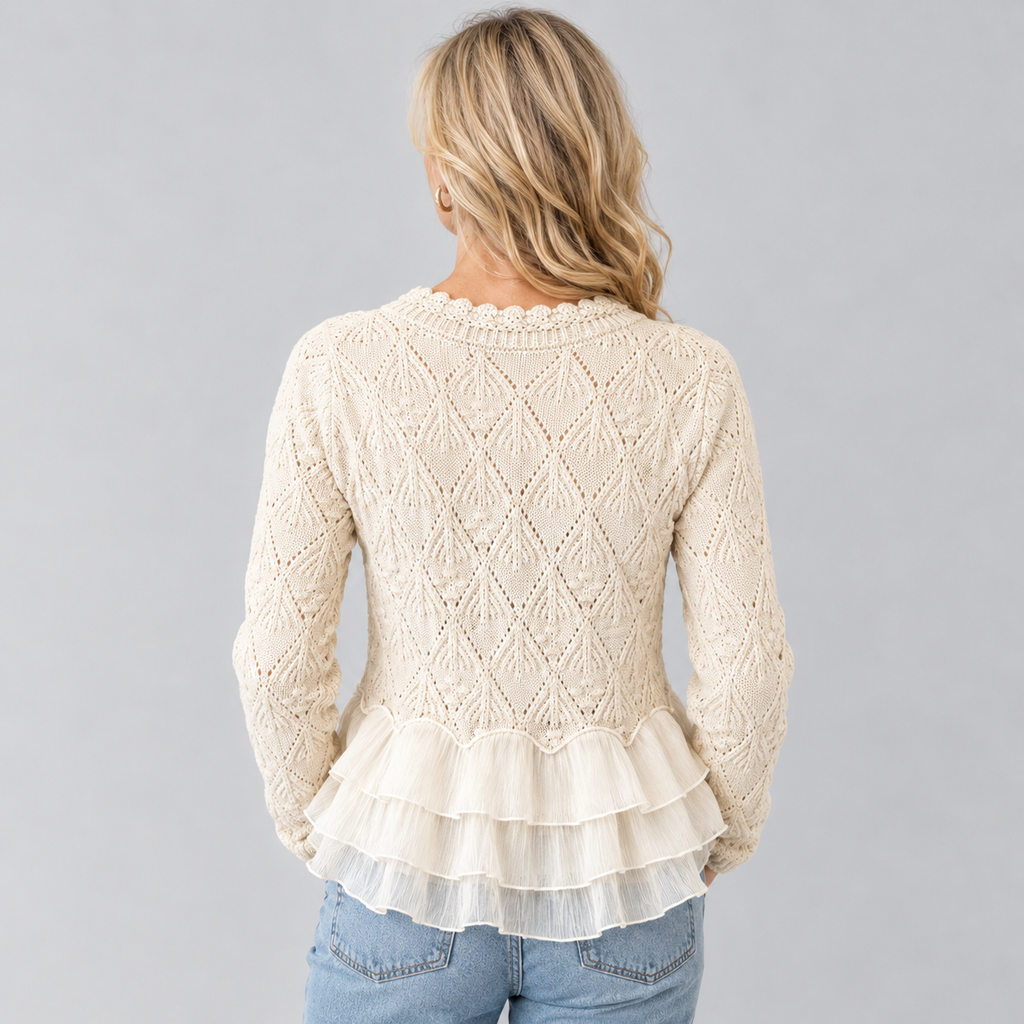 Jenna | Pointelle Knit Sweater With Layered Ruffle Hem