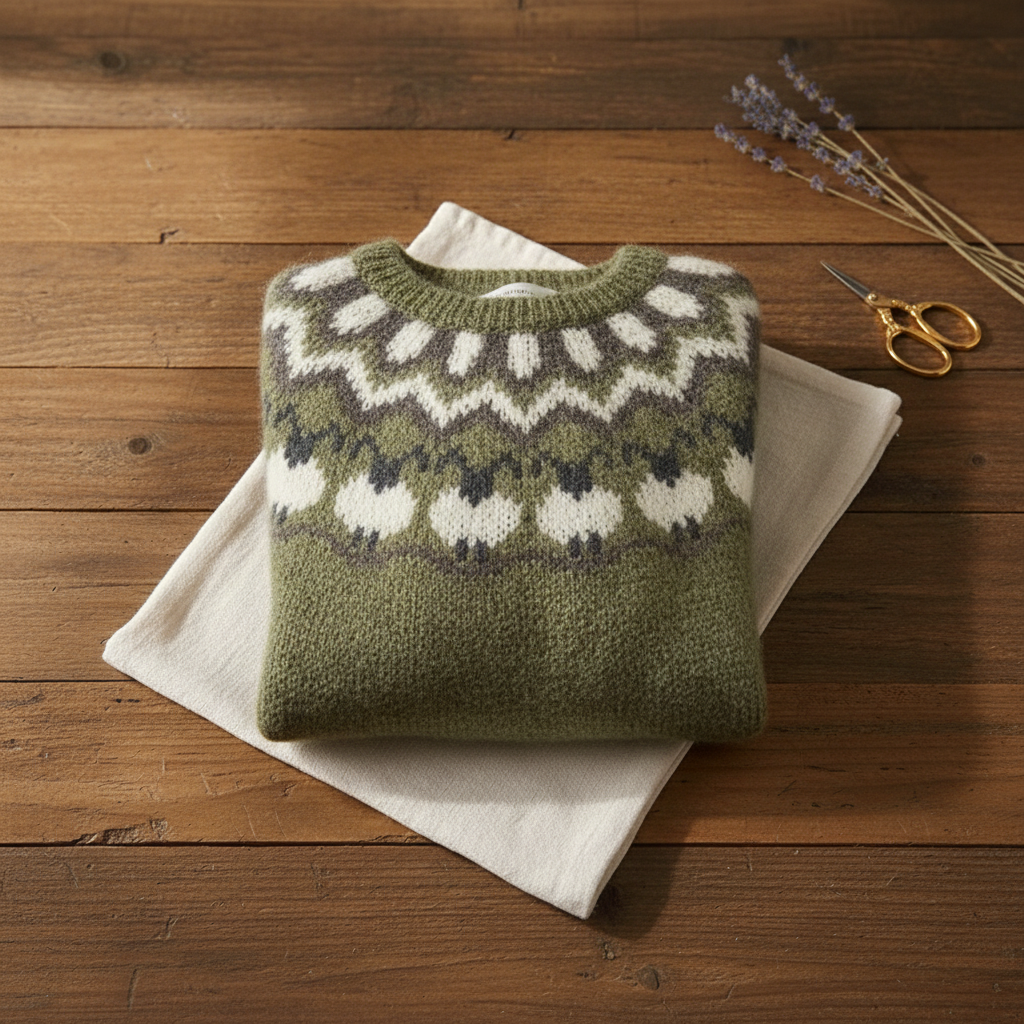 Cotton Sweater Olive with Sheep Pattern