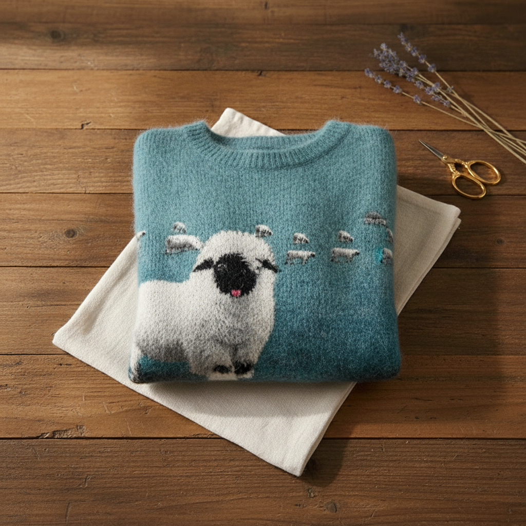 Cotton Sweater Teal with Sheep Pattern