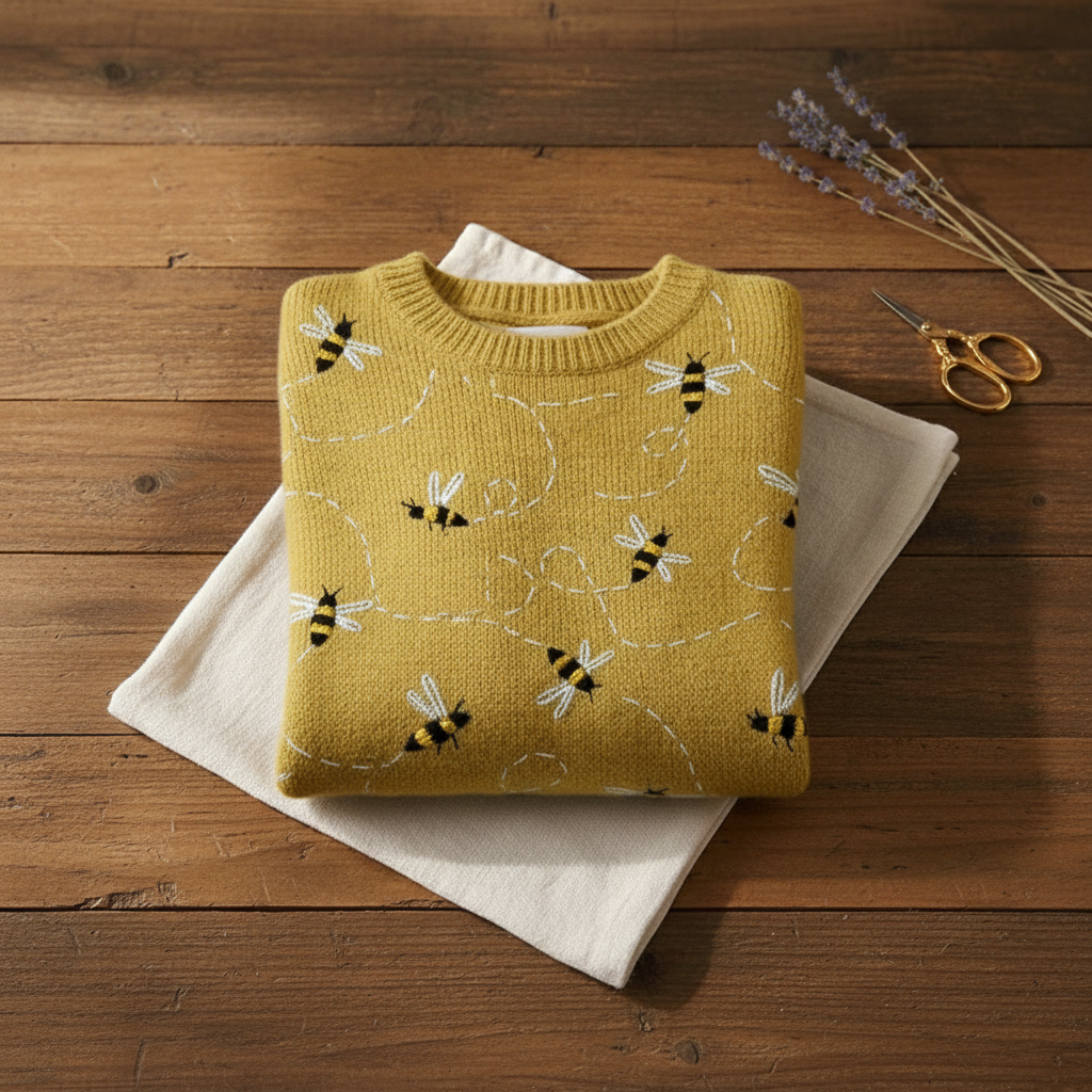 Cotton Sweater Mustard Yellow with Bee Pattern