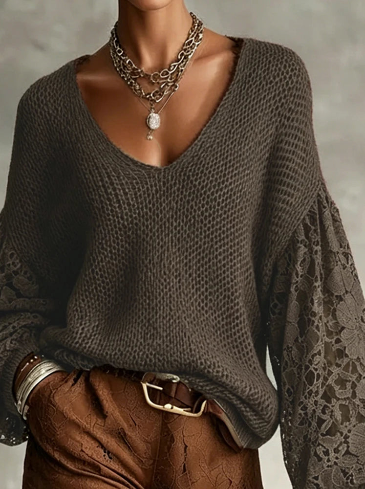 Norriah | Lace Openwork V-Neck Knit Pullover