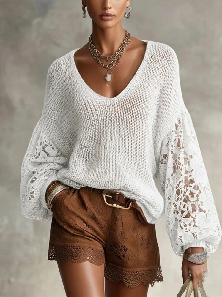 Norriah | Lace Openwork V-Neck Knit Pullover