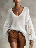 Norriah | Lace Openwork V-Neck Knit Pullover