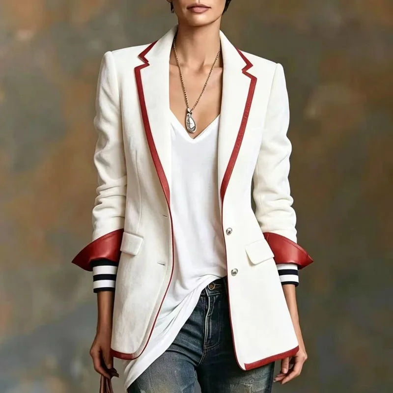 Maline | Contrast-Trim Suede-Look Blazer With Striped Cuffs