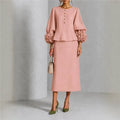 Paula | Flower-Cuff Lantern Sleeve Top & Midi Skirt Set