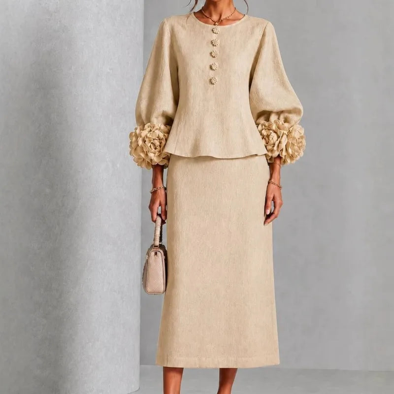 Paula | Flower-Cuff Lantern Sleeve Top & Midi Skirt Set