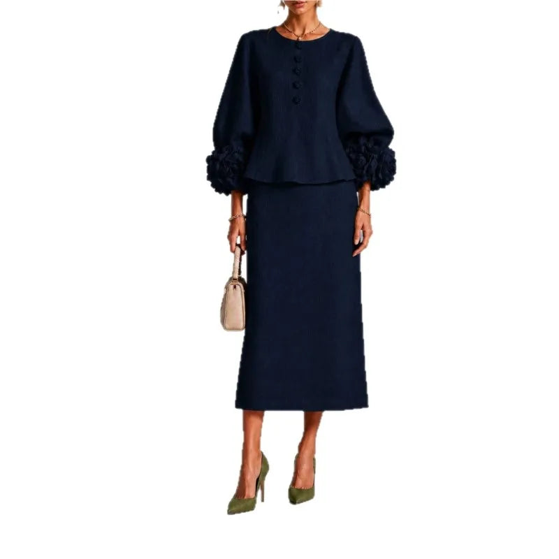 Paula | Flower-Cuff Lantern Sleeve Top & Midi Skirt Set