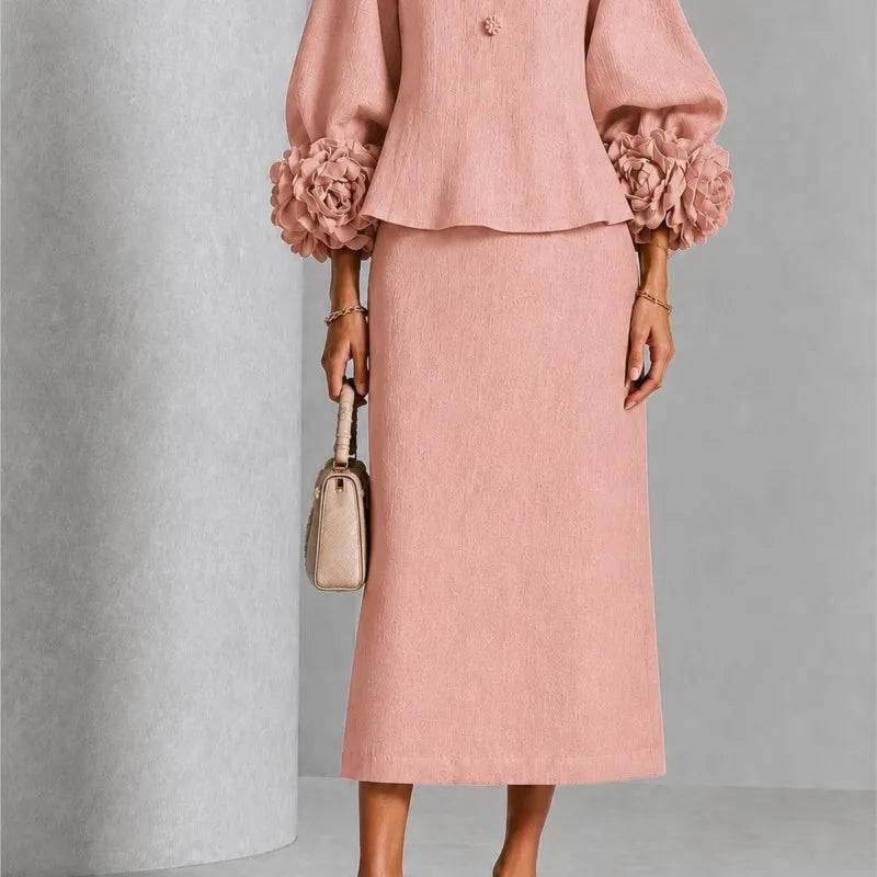 Paula | Flower-Cuff Lantern Sleeve Top & Midi Skirt Set