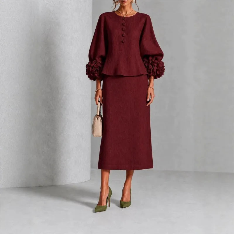 Paula | Flower-Cuff Lantern Sleeve Top & Midi Skirt Set