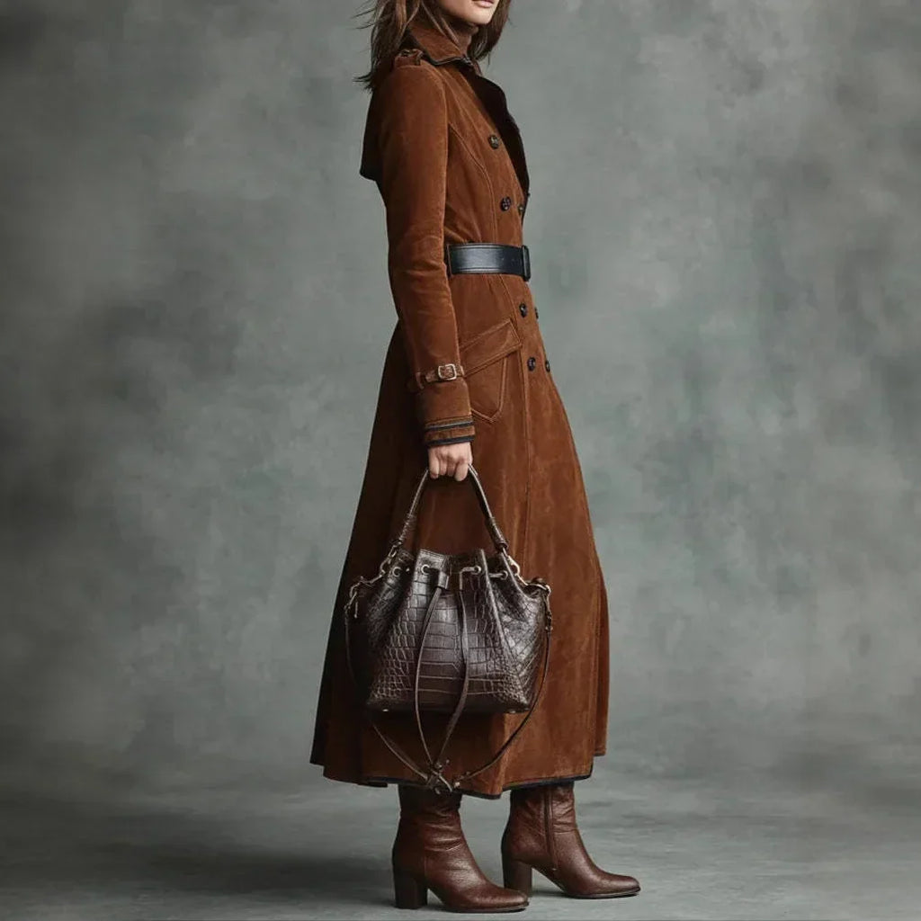 Georgette | Long Suede-Look Trench With Belt