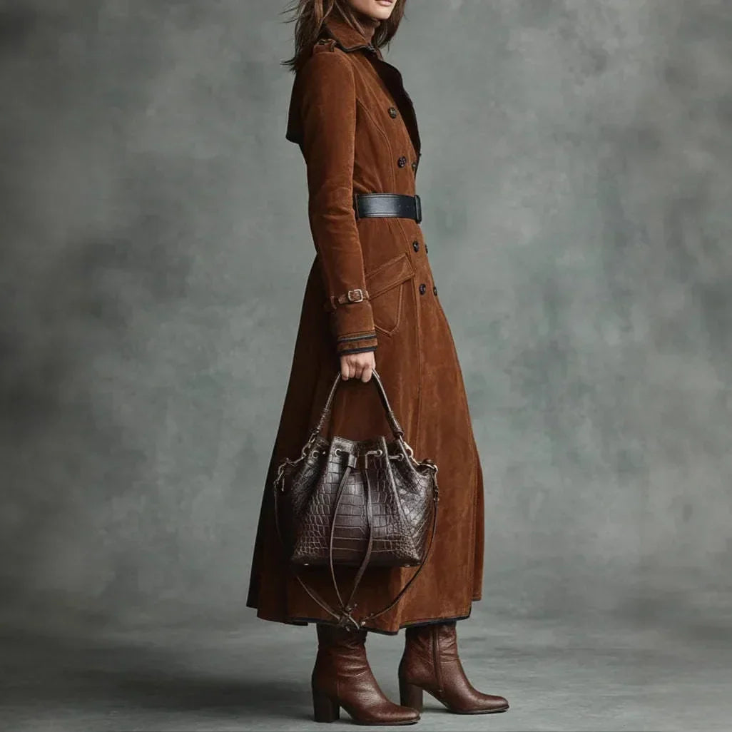 Georgette | Long Suede-Look Trench With Belt