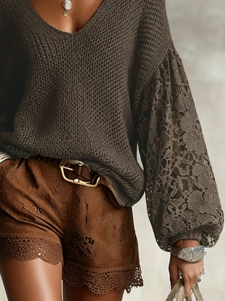Norriah | Lace Openwork V-Neck Knit Pullover