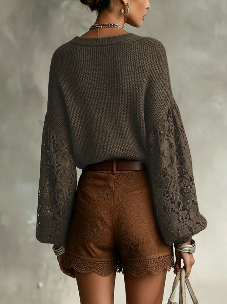 Norriah | Lace Openwork V-Neck Knit Pullover