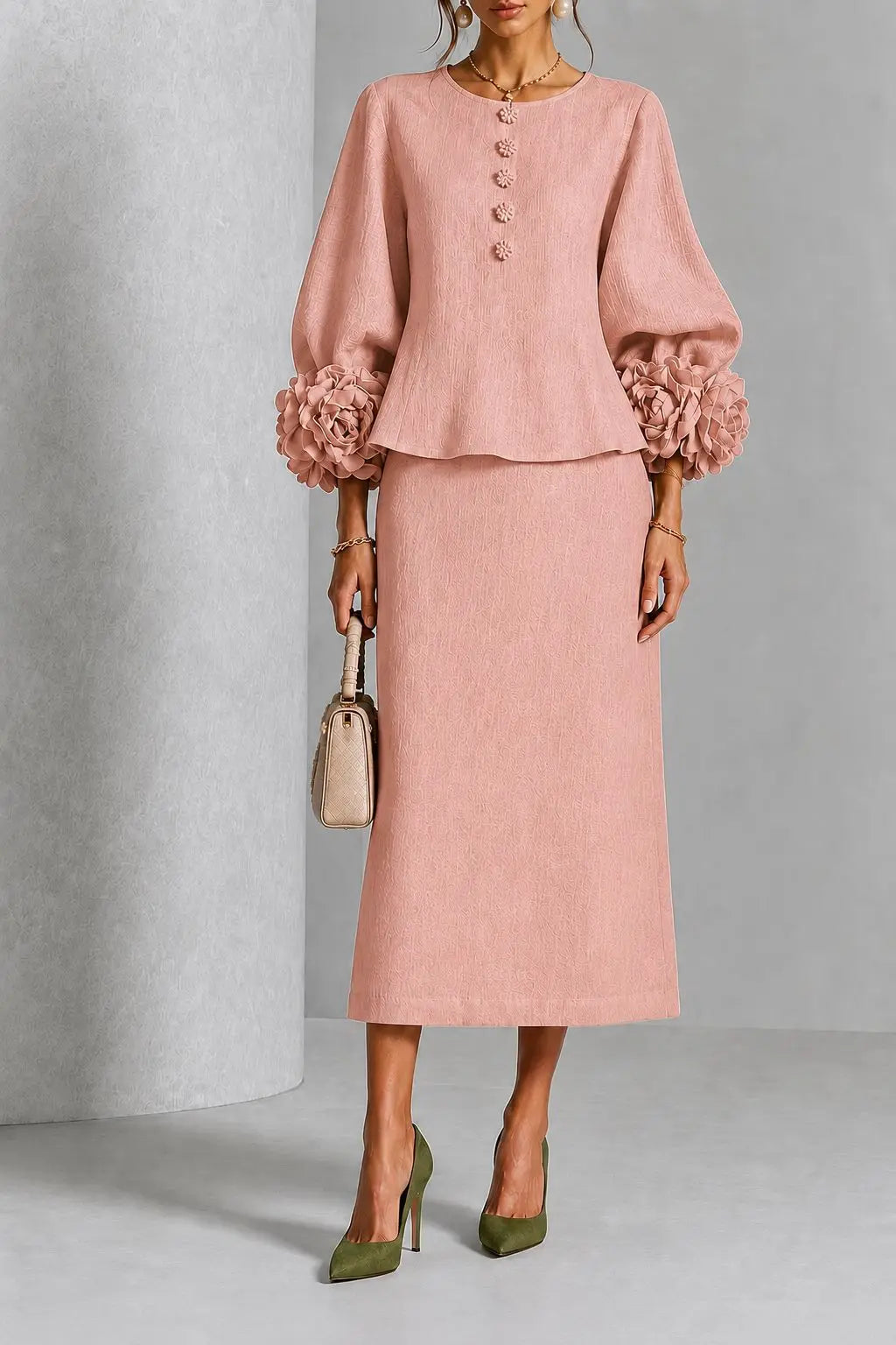 Paula | Flower-Cuff Lantern Sleeve Top & Midi Skirt Set