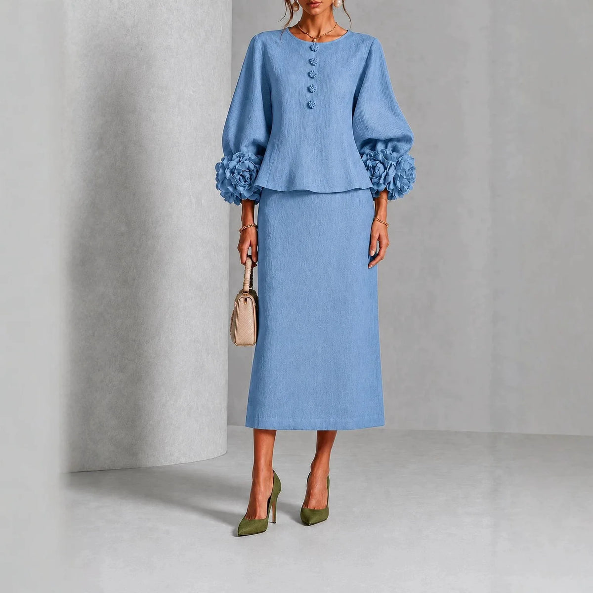 Paula | Flower-Cuff Lantern Sleeve Top & Midi Skirt Set