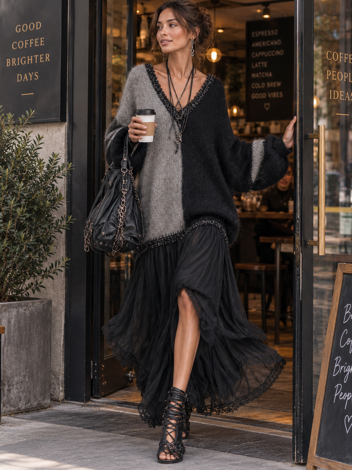 Celia | Oversized Knit & Chiffon Patchwork Maxi Dress