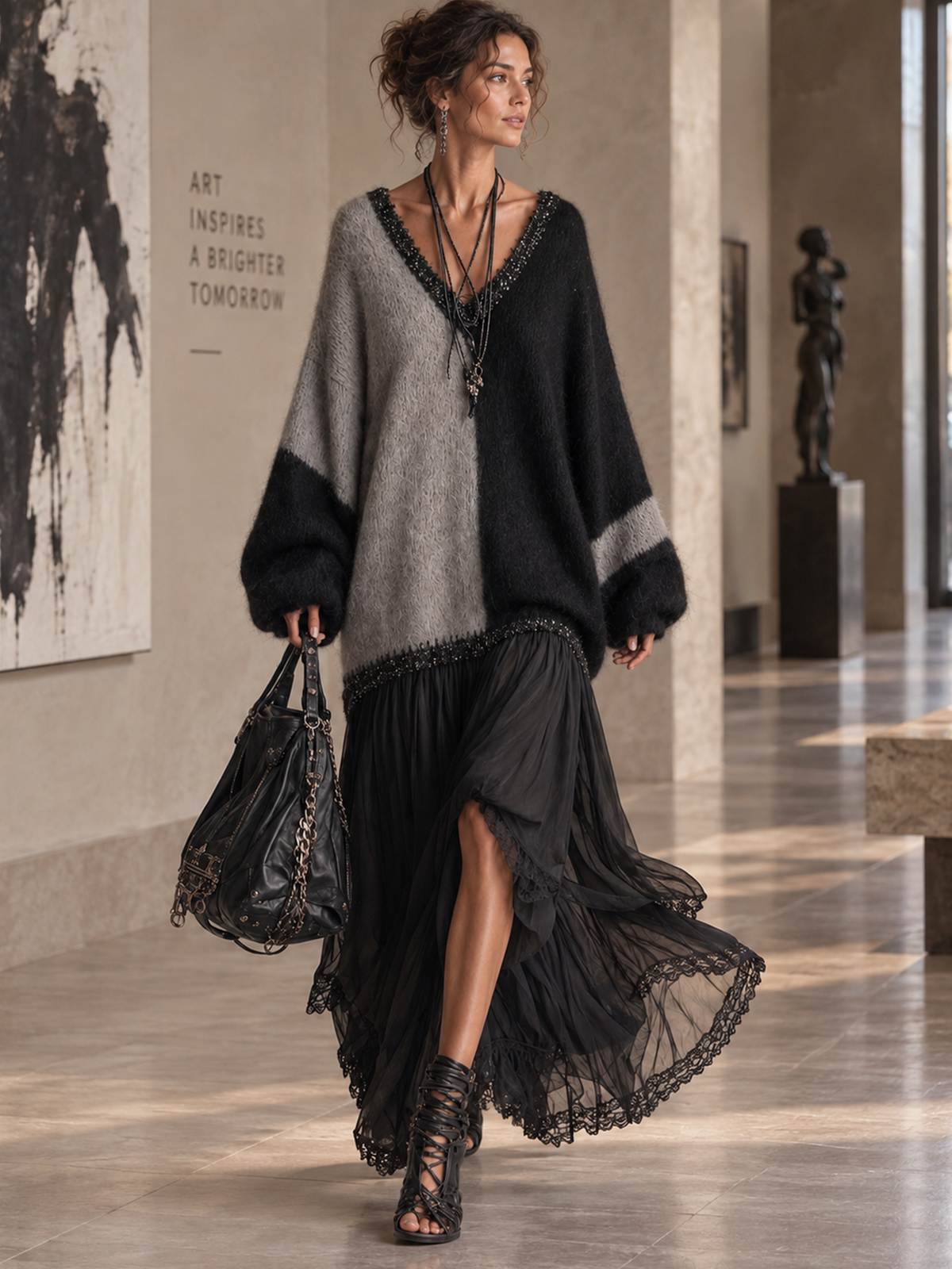 Celia | Oversized Knit & Chiffon Patchwork Maxi Dress