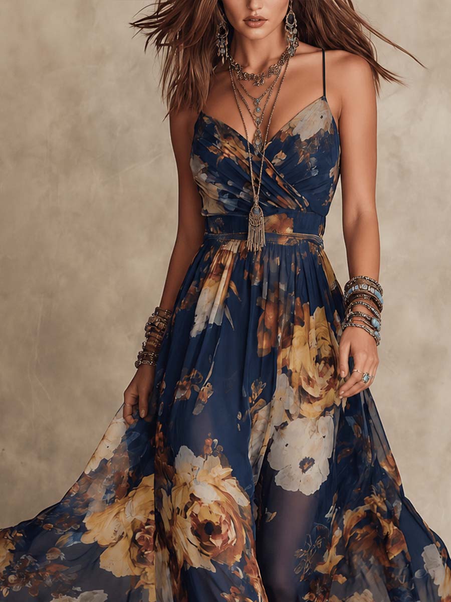 Adriana | Navy Chiffon Floral Maxi Dress With Thin Straps