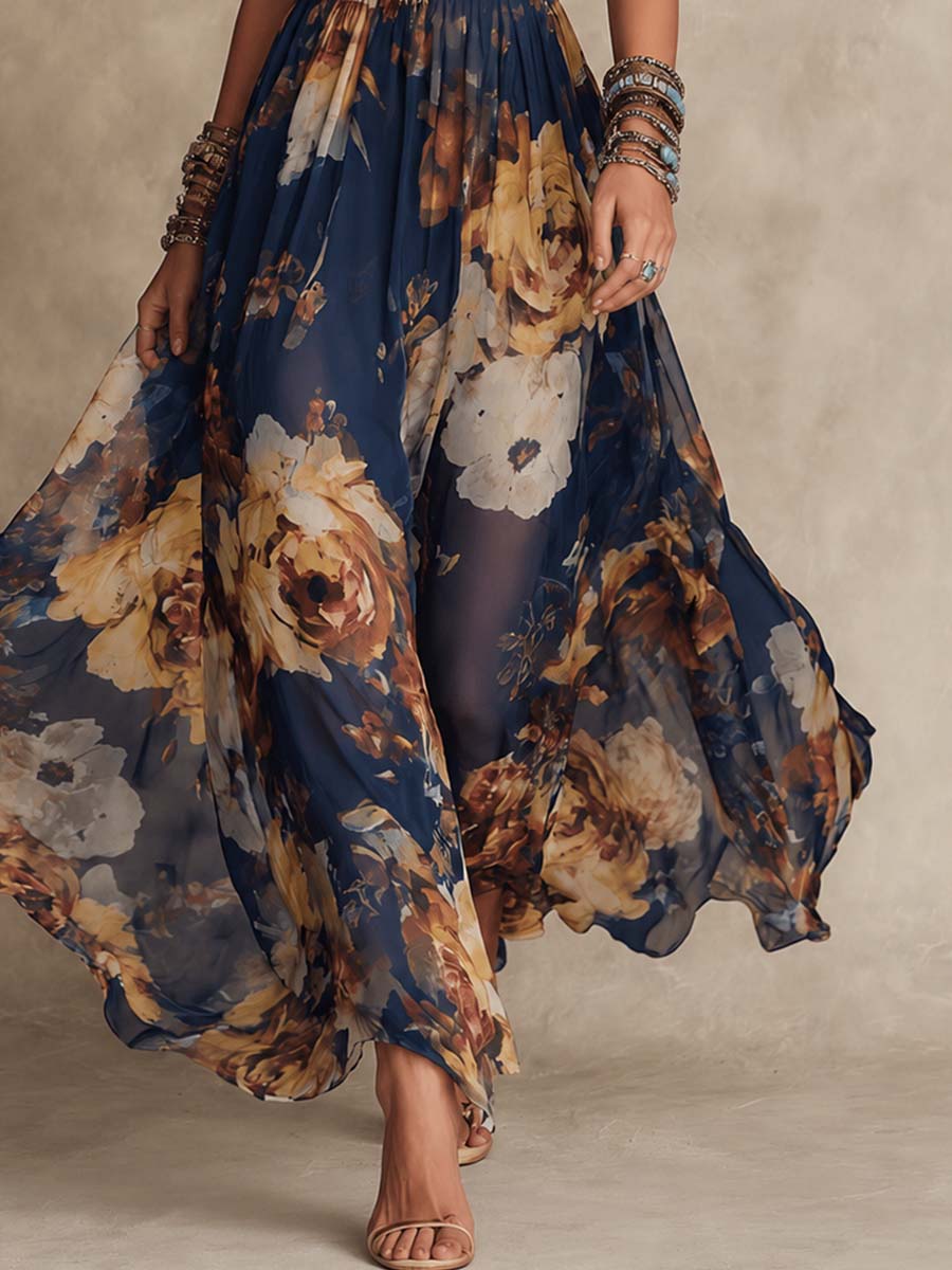 Adriana | Navy Chiffon Floral Maxi Dress With Thin Straps